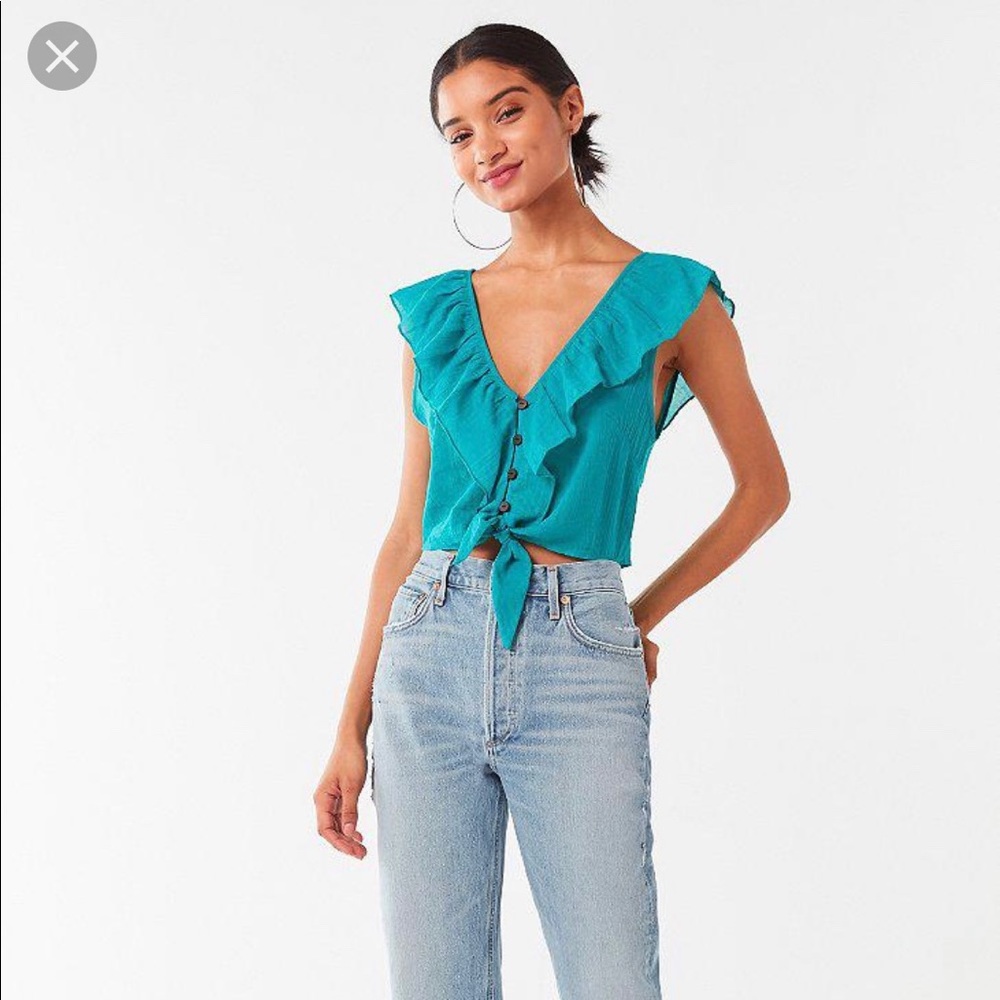 Urban Outfitters Teal Ruffle Tie-Front Crop Top